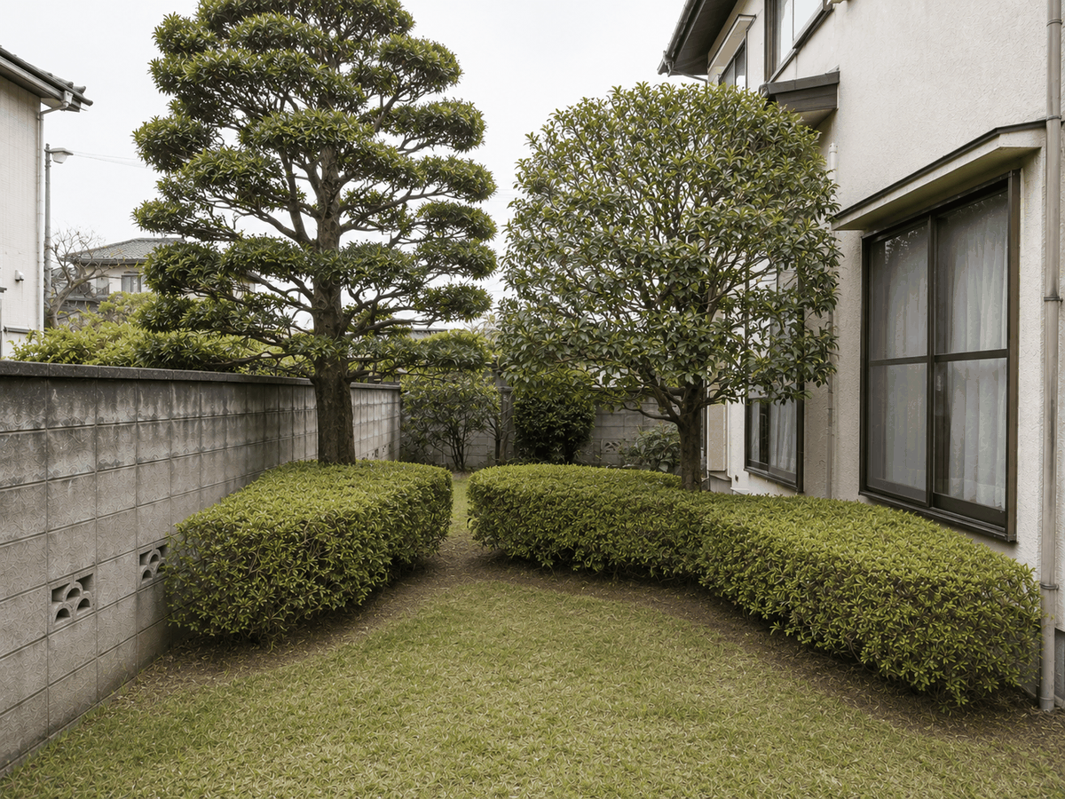 施工後：剪定して樹形を整えた庭木