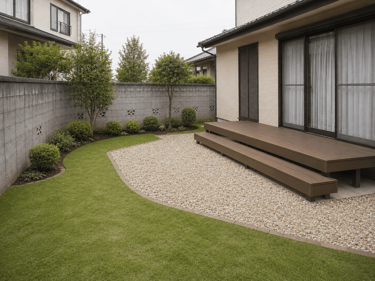 施工後：ウッドデッキと植栽を設けた庭