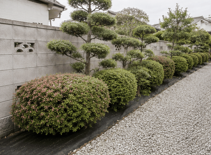 刈り込みを終えた庭木と植え込み